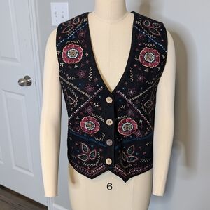 TanZara Hippie Western Retro Wool Embroidered Black Vest Size Medium